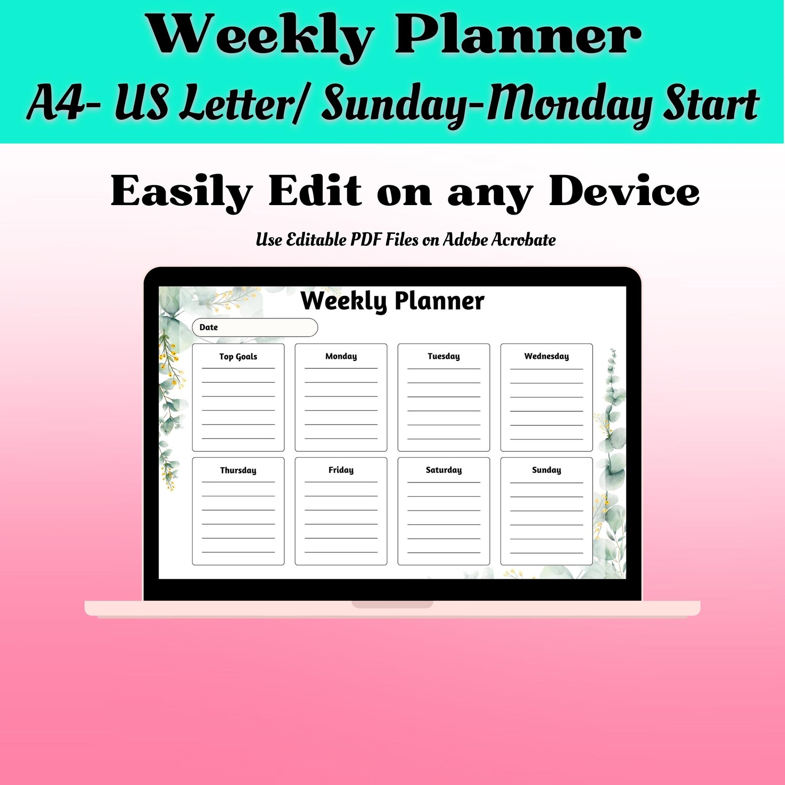 Weekly Planner Printable Landscape Printable Weekly Planner Etsy