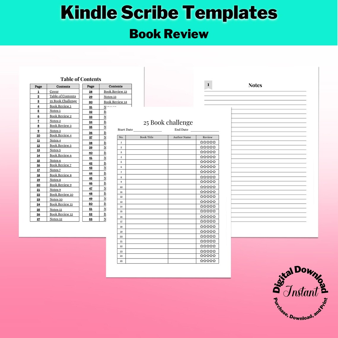 Kindle Scribe Templates 25 Book Challenge Reading Review Etsy
