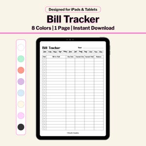 Digital Bill Payment Tracker for GoodNotes & Notability 8 Colors | Bill Payment Checklist | Bill Organizer | Digital Download