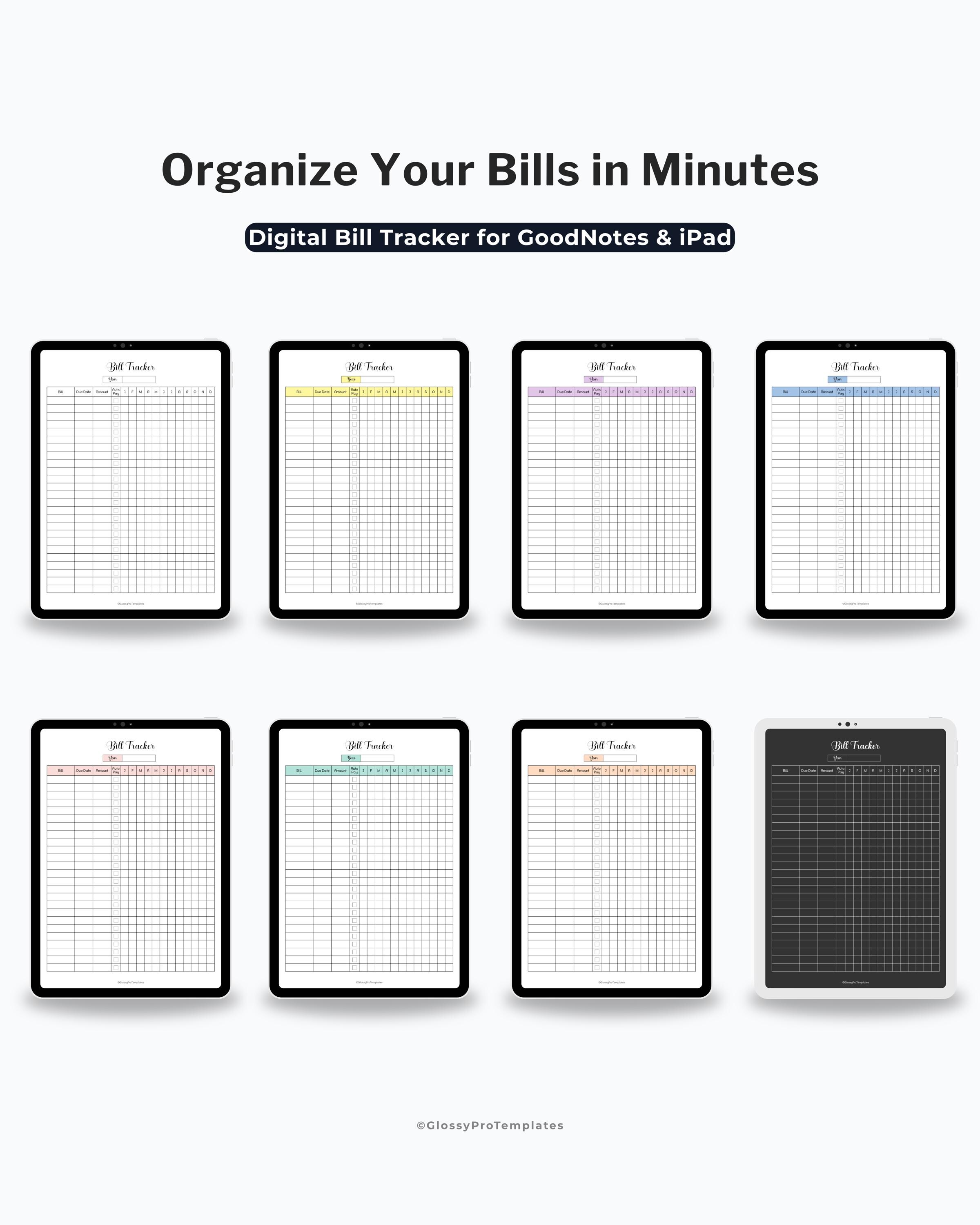Digital Bill Tracker Goodnotes Template | Financial Organizer | 8 Color ...