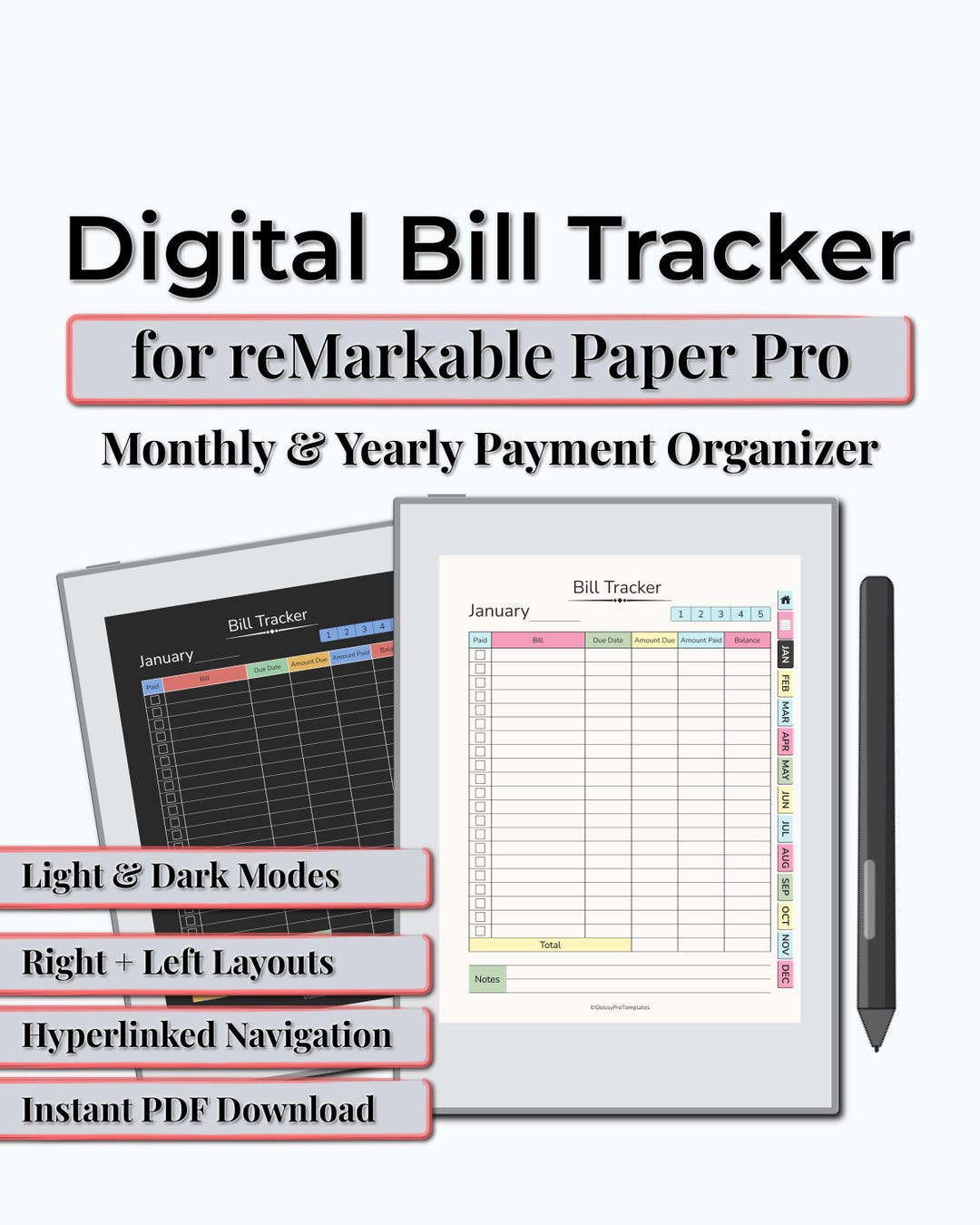 Digital Bill Tracker for Remarkable Paper Pro | Hyperlinked Yearly ...