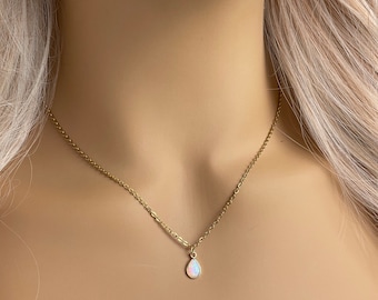 Tiny Opal Necklace - Teardrop Opal Necklace - Light Blue Opal Necklace - 18K Gold Stainless Steel - Tiny Stone Layering Necklace - N1-11