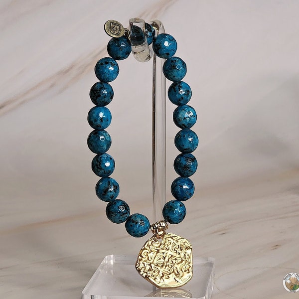 Blue Granite Gemstone Stretch Beaded Bracelet with Gold Charm, Handmade Jewelry Gift, Unique Statement Piece