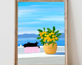 Sunbathing Cat art print - Cat Gifts, Black Cat Art, Funny Print