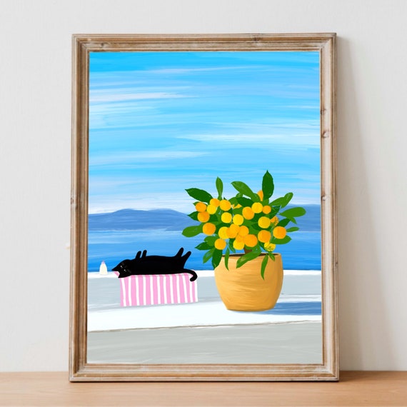 Sunbathing Cat art print - Cat Gifts, Black Cat Art, Funny Print