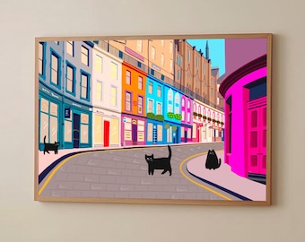 Edinburgh Cat Print: Scottish Street Art, Victoria Street, Colourful, Decor