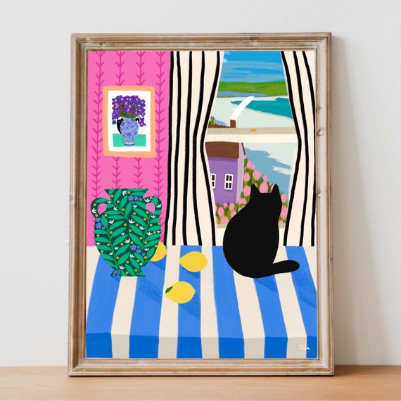 Cat At The Window art print - Feline Decor, Cute Wall Art, Black Cat Gifts