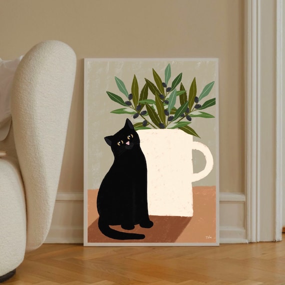 Black Cat & Olives art print - Cat Gifts, Cute Art, Feline Prints