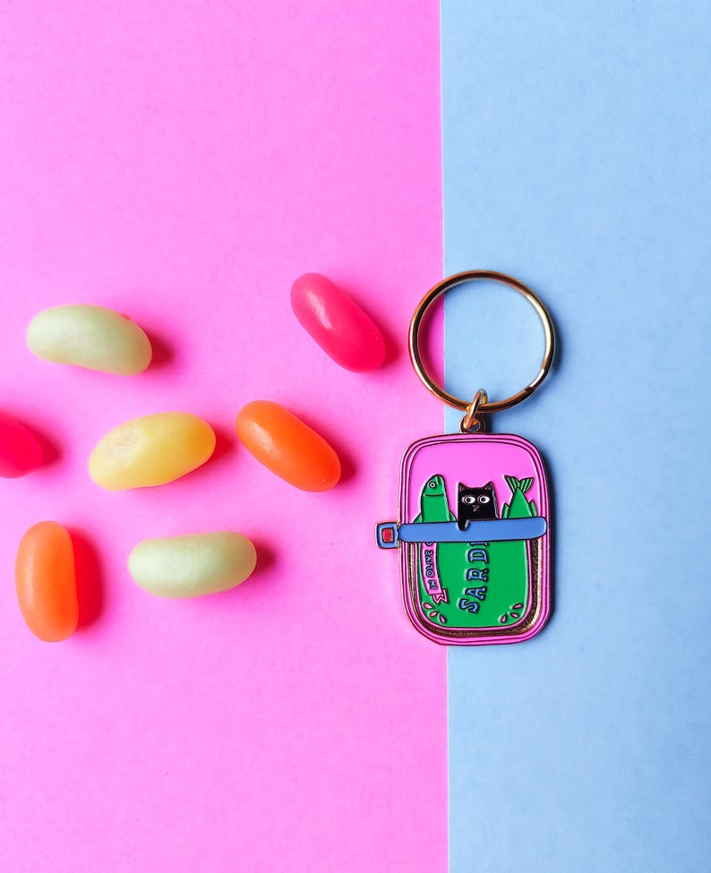 Cat and Sardines Enamel Keychain Keyring, Gifts, Gift Ideas, Gifts for