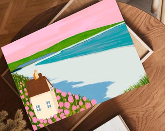 May include: A colorful illustration of a landscape featuring a house with a brown roof and yellow walls, set against a pink sky and blue water. Pink flowers and green grass surround the house, creating a vibrant scene. A small orange figure sits on the roof.