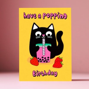 Carte de voeux Bubble Tea Cat - Anniversaires, Humour, Mignon, Fête, Amusant