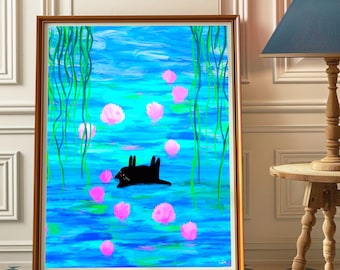 Floating Cat Art Print: Colourful Feline Illustration
