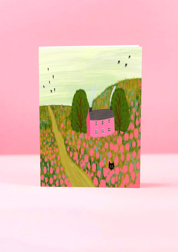 Pink Cottage greetings card