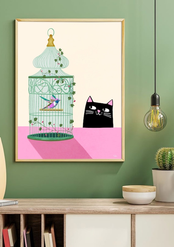 Cat & Hummingbird print - Bird print, colourful print, nursery decor, kids room print, feline poster