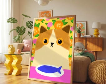 夕食に魚を食べる猫のアートプリント：カラフルな猫のイラスト
