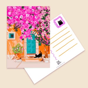 Blue Door Postkarte - Bunt, Geschenke, Karten, Postkarten, Geschenkidee, Feline, Katzen, Geschenk für Freunde, A6 Illustration, Mini Prints