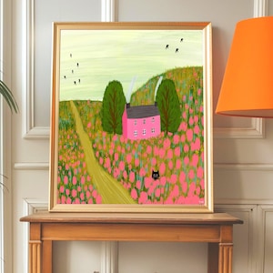 Impressão artística Pink Cottage - Impressão para casa, Arte rosa, Impressão de gato preto, Presentes para gatos