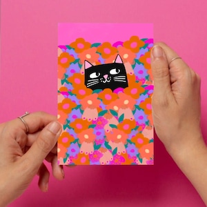 Carte postale chat dans les fleurs - Coloré, Cadeaux, Cartes, Cartes postales, Idées cadeaux, Félin, Chats, Cadeau pour elle, Impression A6, Mini impressions, Chats noirs