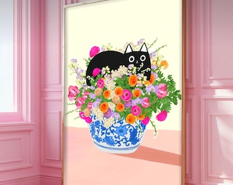 Cat in Flower Bed Print: Colourful Feline Art