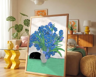 Blue Irises Katze Kunstdruck: Bunte Katzen Illustration