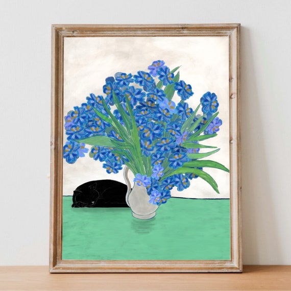 Blue Irises art print - Black Cat Print, Cat Art, Floral Art, Fine Art