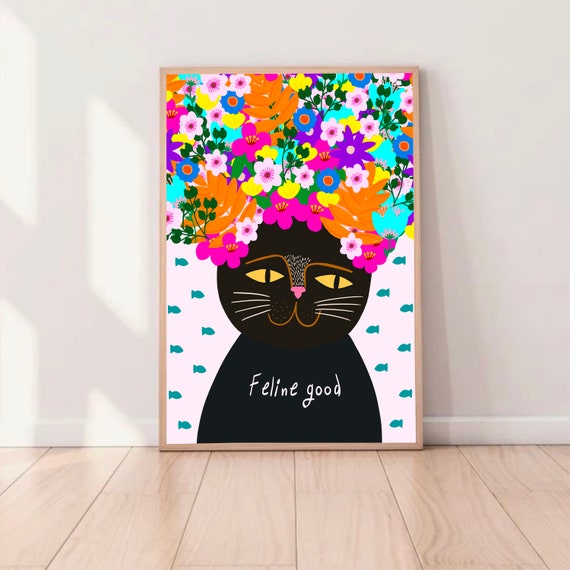 Feline Good art print - Cat Gifts, Floral Art, Cute Gifts