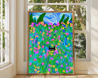 Hide and Seek Cat Art Print: Colourful Feline Illustration