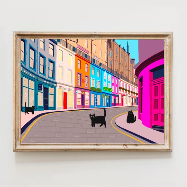 Edinburgh Street art print - Scottish Art, Scotland, Edinburgh gifts, Cat Print