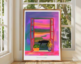 Black Cat Art Print: Sleepy Feline Window View