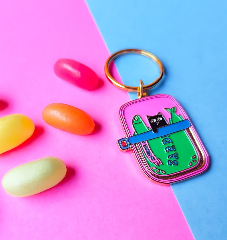 Cat and Sardines Enamel Keychain Keyring, Gifts, Gift Ideas, Gifts for