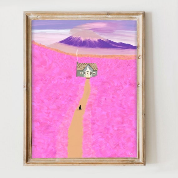 Purple Mountain art print - Travel Gifts, Black Cat Art, Pretty Art