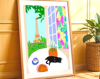 Eiffel Tower Cat Art Print: Parisian Feline Gift