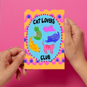 Carte postale Cat Lovers Club - Colorée, cadeaux, cartes, cartes postales, Idées cadeaux, félin, chats, cadeau pour des amis, illustration A6, mini impressions