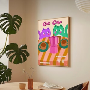 Cat Cafe Druck - Katzendruck, Katzenkunst, Katzengeschenke, süße Geschenke, Wanddekor, Wanddruck, Illustrationen, bunt, lustig, lustig, Zuhause