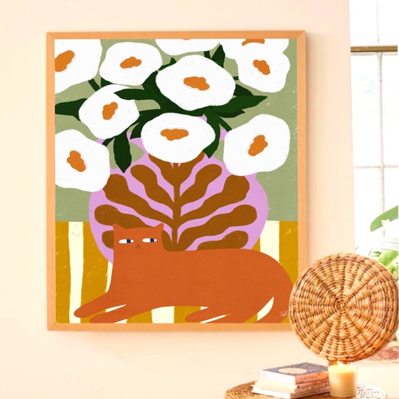 Ginger Cat and Flowers print