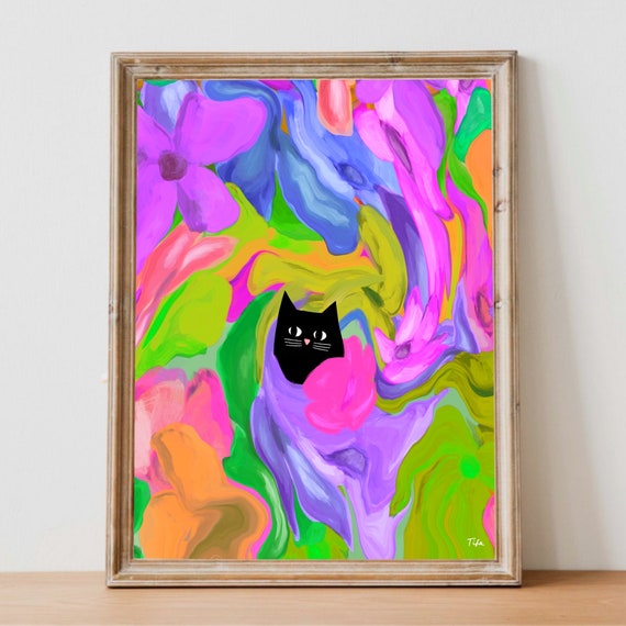 Lost In Colour art print - Black Cat Print, Floral Art, Colourful Gifts