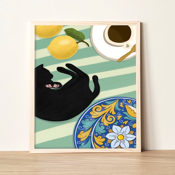 Coffee and Lemons art print - Cute Print, Black Cat Art, Still Life Print