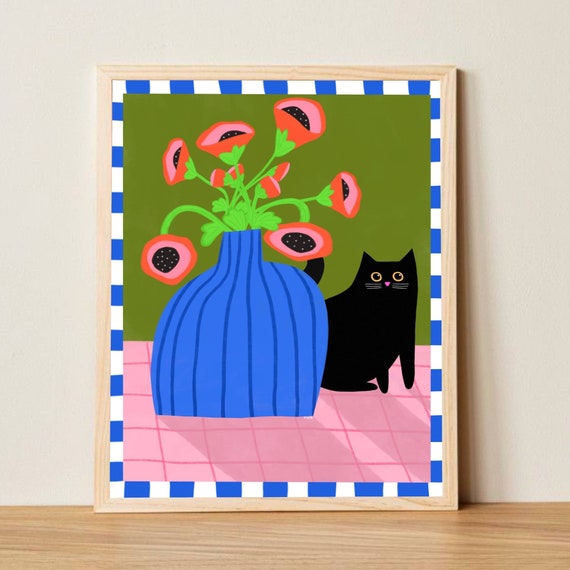 Black Cat and Poppies  print