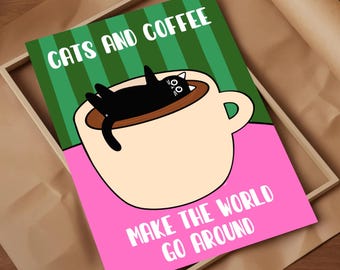 Cats and Coffee Art Print: Colourful Feline Illustration