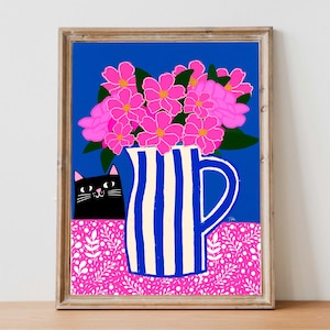 Blumenkrug-Print: Farbenfrohe Katzenkunst, Kinderzimmerdekoration