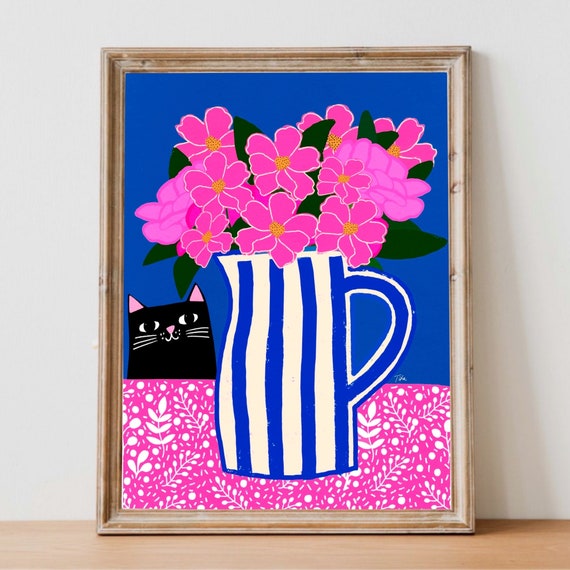 Stripy Jug print - Floral print, colourful print, nursery decor, kids room print, feline poster