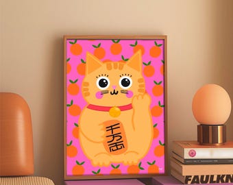 Lucky Cat-kunstdruk: kleurrijke katachtige illustratie, woondecoratie