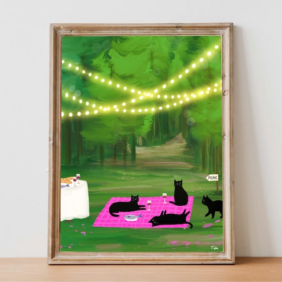 Cat Picnic print - Black Cat Decor, Fun Print, Kids Room Print, Black Cats Art
