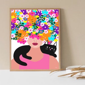 Kunstdruck „Mädchen mit Blumenhaaren“: Geschenk für Katzenliebhaber, farbenfrohe Wohndekoration