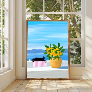 Sunbathing Black Cat Art Print: Funny Cat Lover Gift