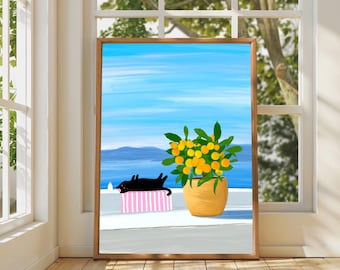 Sunbathing Black Cat Art Print: Funny Cat Lover Gift