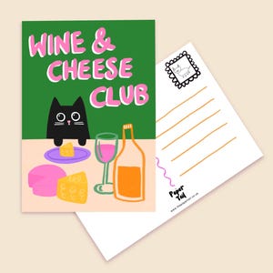Postal del Club del Vino y el Queso - Colorida, Regalos, Tarjetas, Postales, Ideas de Regalo, Felino, Gatos, Tarjetas Divertidas, Impresión A6, MiniImpresiones, Gatos Negros
