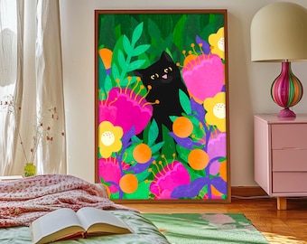 Cat In The Wild-kunstprint: kleurrijke katachtige illustratie