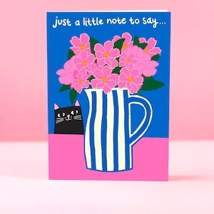 Carte de voeux fleurs roses - chat, chat noir, anniversaire, mignon