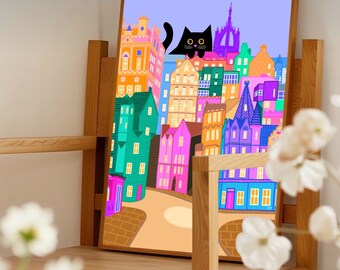 Colourful Edinburgh Cat Art Print: Whimsical City Illustration